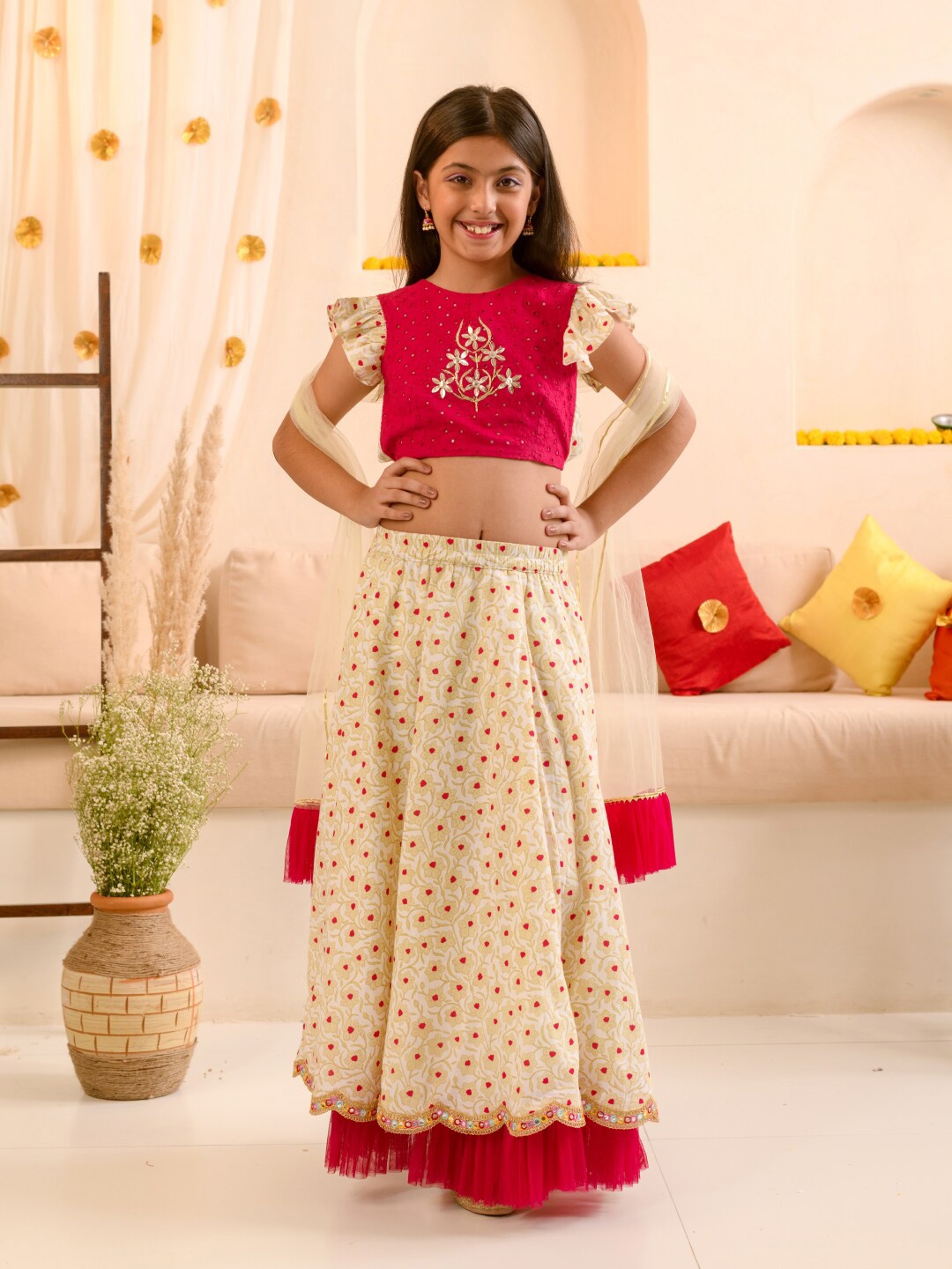 

pspeaches Girls Embellished Gotta Patti Ready to Wear Lehenga & Blouse With Dupatta, Off white