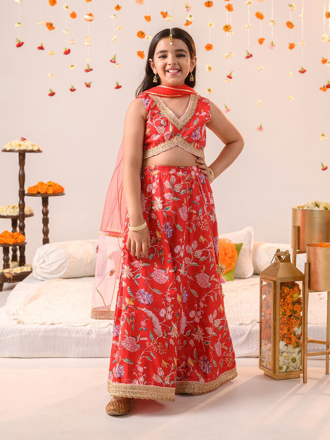 

pspeaches Girls Printed Ready to Wear Lehenga & Blouse With Dupatta, Red
