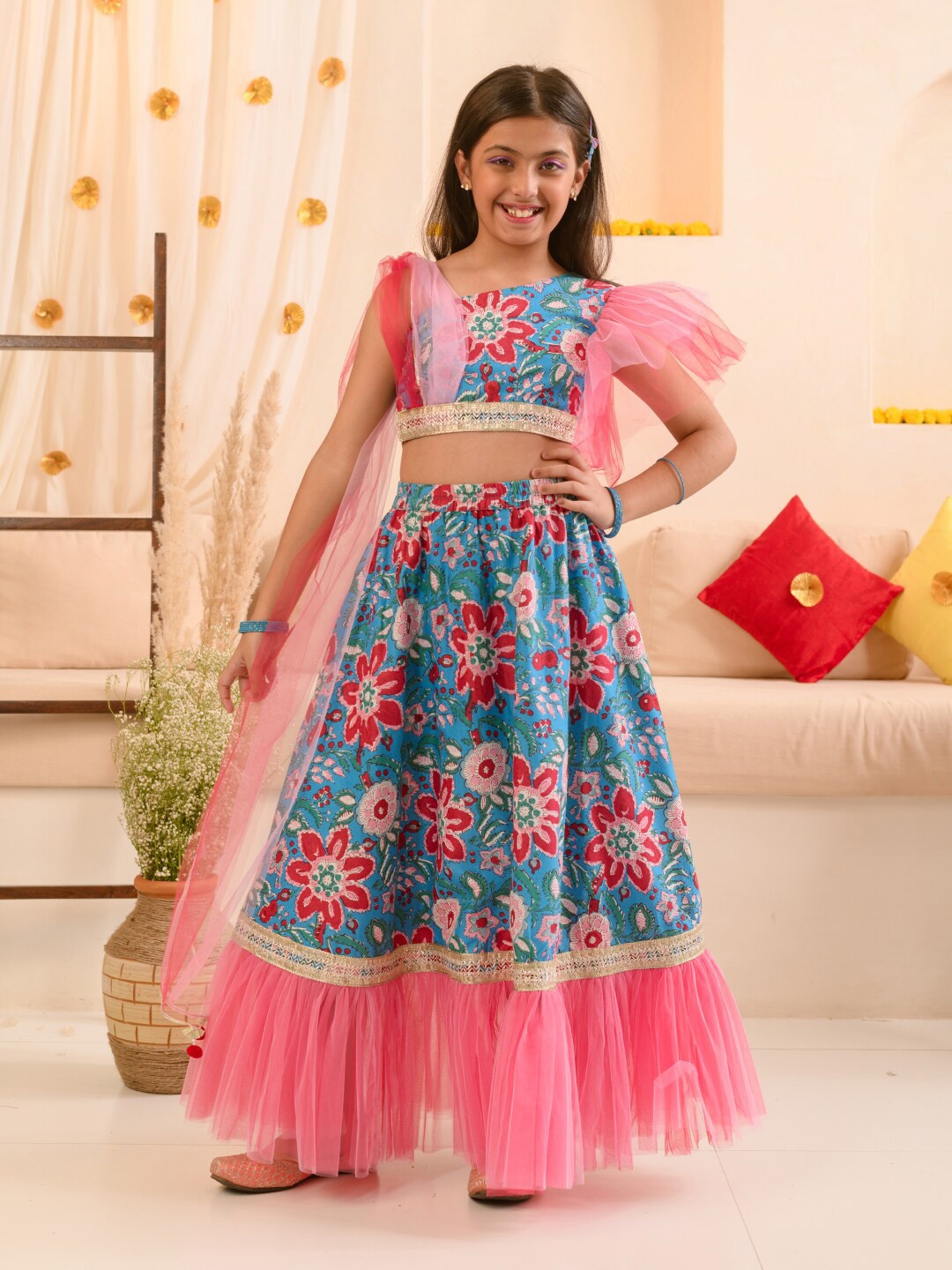 

pspeaches Girls Printed Ready to Wear Lehenga & Blouse With Dupatta, Blue