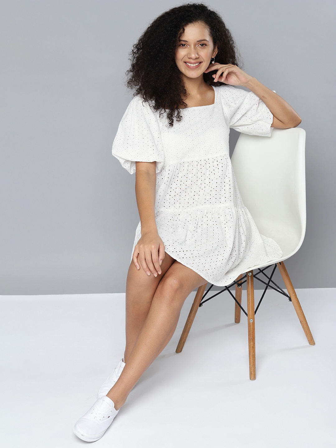 

Mast & Harbour Puff Sleeve Schiffli Fit & Flare Mini Dress, White