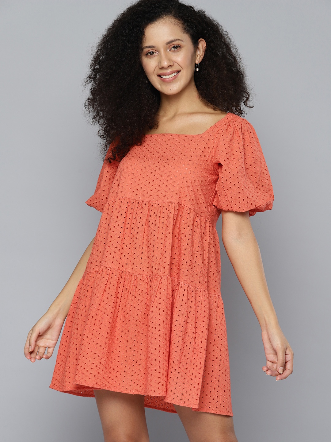 

Mast & Harbour Puff Sleeve Schiffli Fit & Flare Mini Dress, Orange