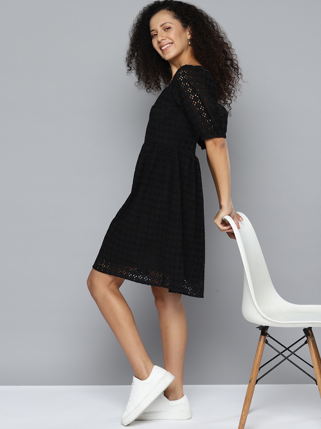 

Mast & Harbour Puff Sleeve Schiffli Fit & Flare Dress, Black