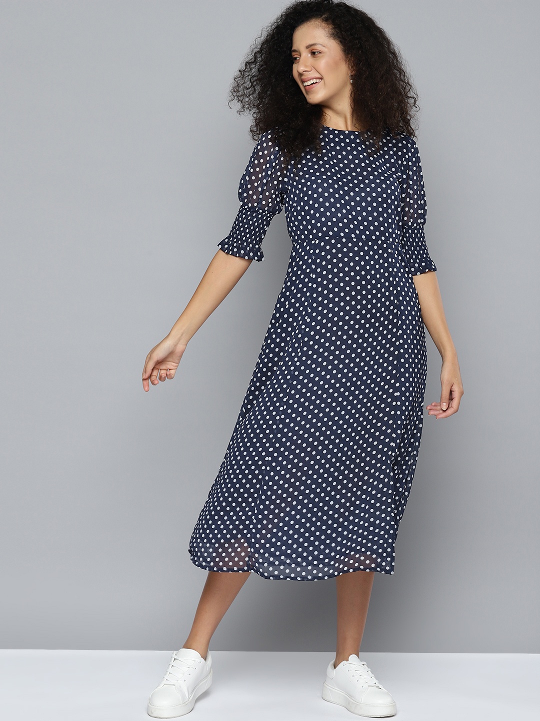 

Mast & Harbour Polka Dot Print Puff Sleeve Georgette Fit & Flare Midi Dress, Blue