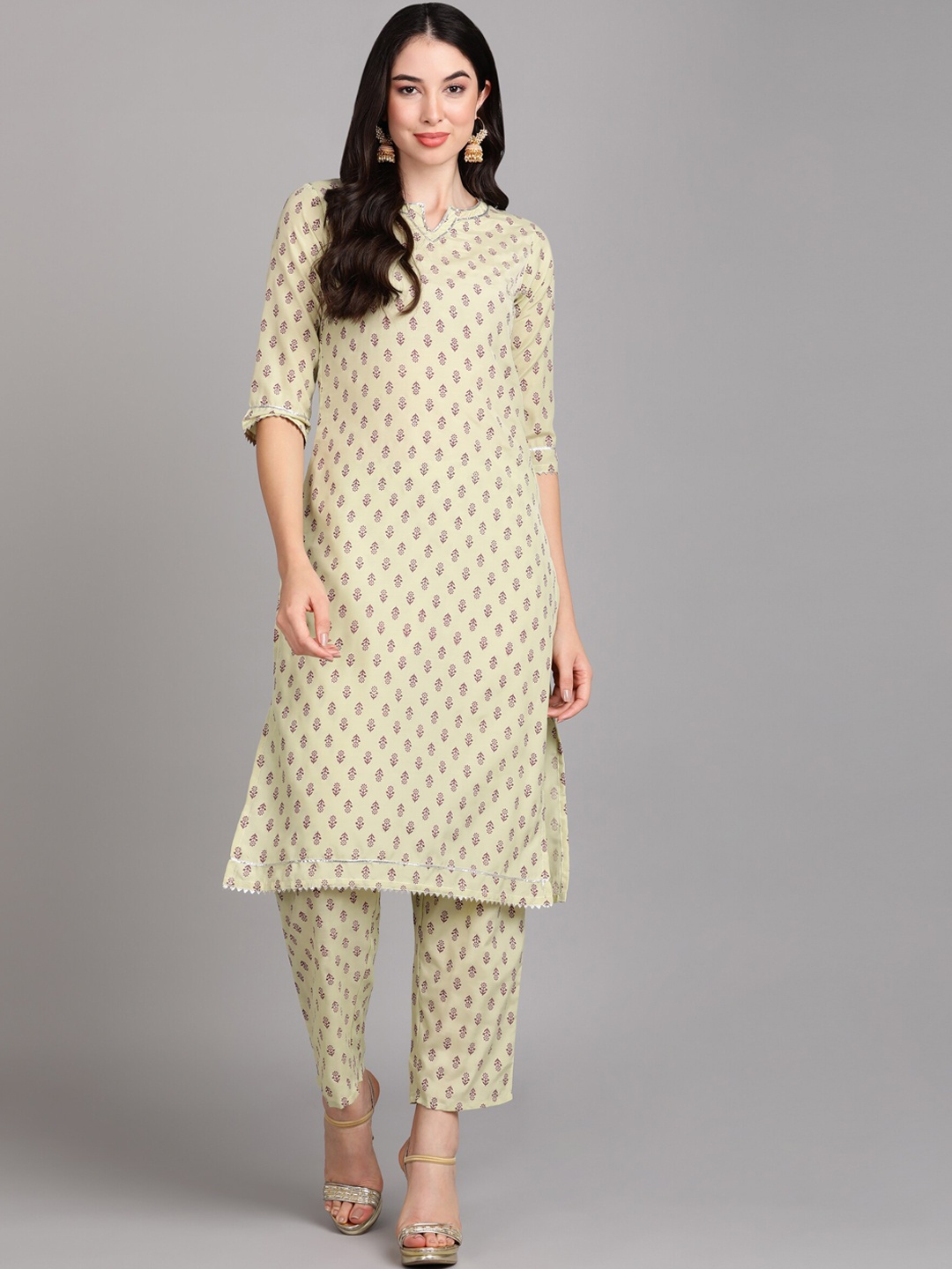 

V TRADITION Floral Printed Regular Gotta Patti Kurta With Trousers, Olive