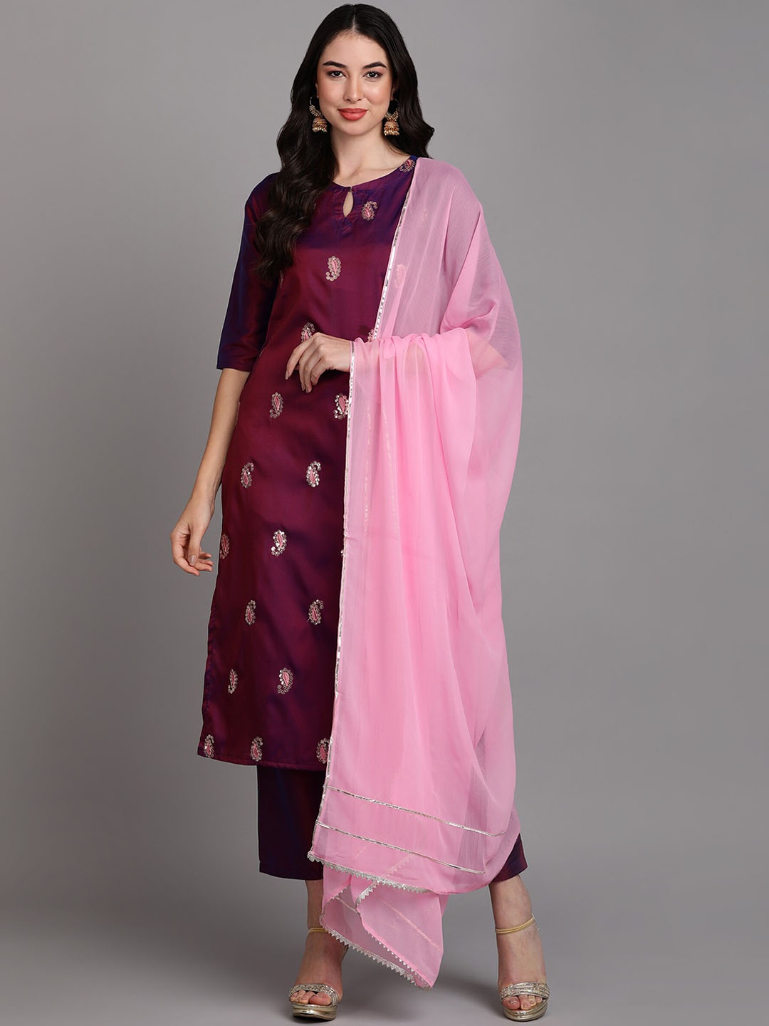 

V TRADITION Women Paisley Embroidered Sequinned Kurta With Trousers & Dupatta, Maroon