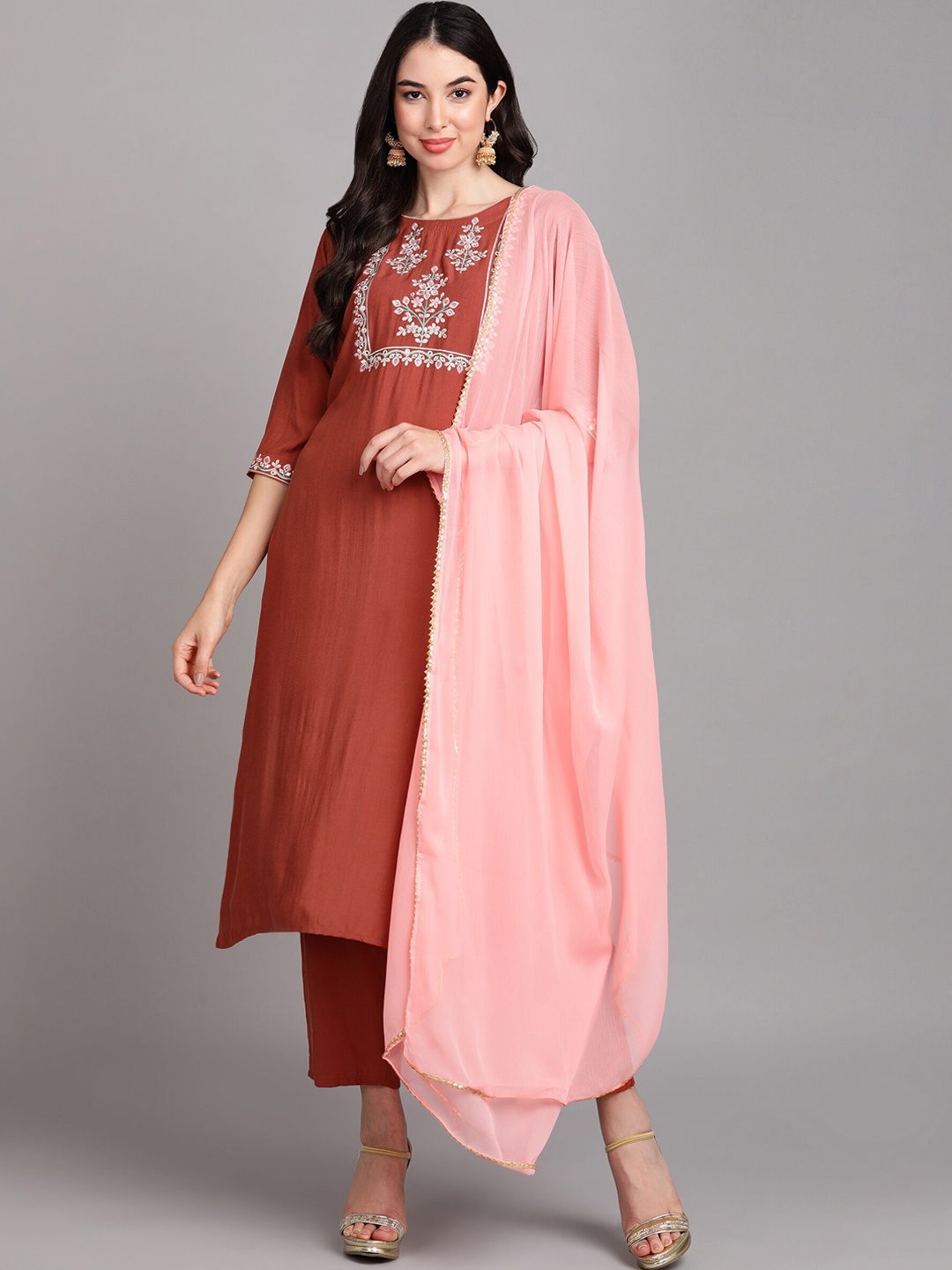 

V TRADITION Women Embroidered Thread Work Kurta With Trousers & Dupatta, Rust