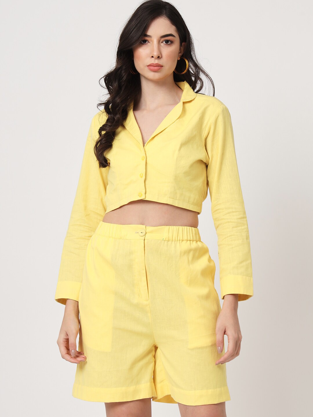 

CUFFS N LASHES Yellow Long Sleeves Crop Top Co-Ords with Short