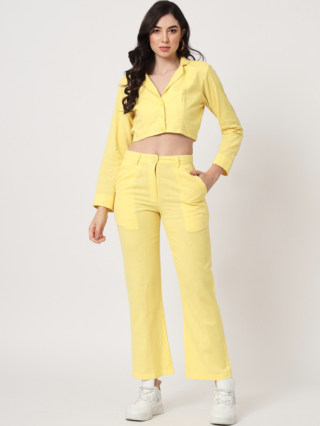 

CUFFS N LASHES Shirt Collar Long Sleeves Crop Top With Trouser, Yellow