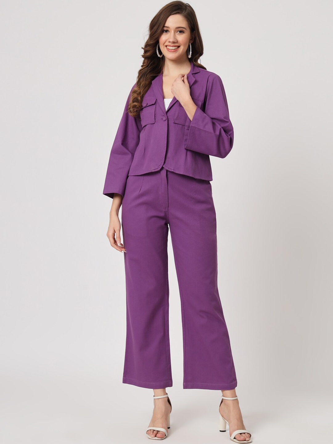 

CUFFS N LASHES Notched Lapel Collar Long Sleeves Top with Trouser, Purple