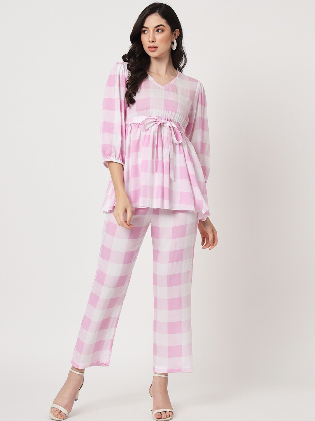 

CUFFS N LASHES Checked Waist Tie-Up Top With Trousers, Pink