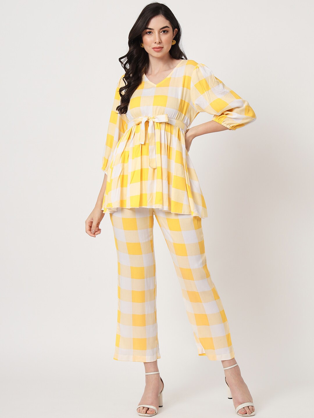 

CUFFS N LASHES Checked Waist Tie-Up Top With Trousers, Yellow