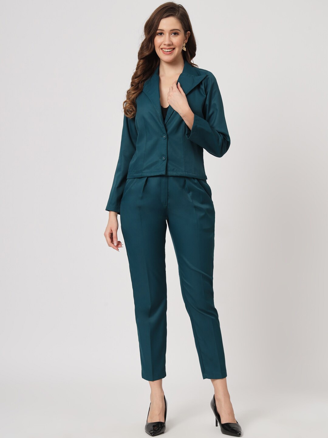 

CUFFS N LASHES Long Sleeves Lapel Collar Coat With Trouser, Teal