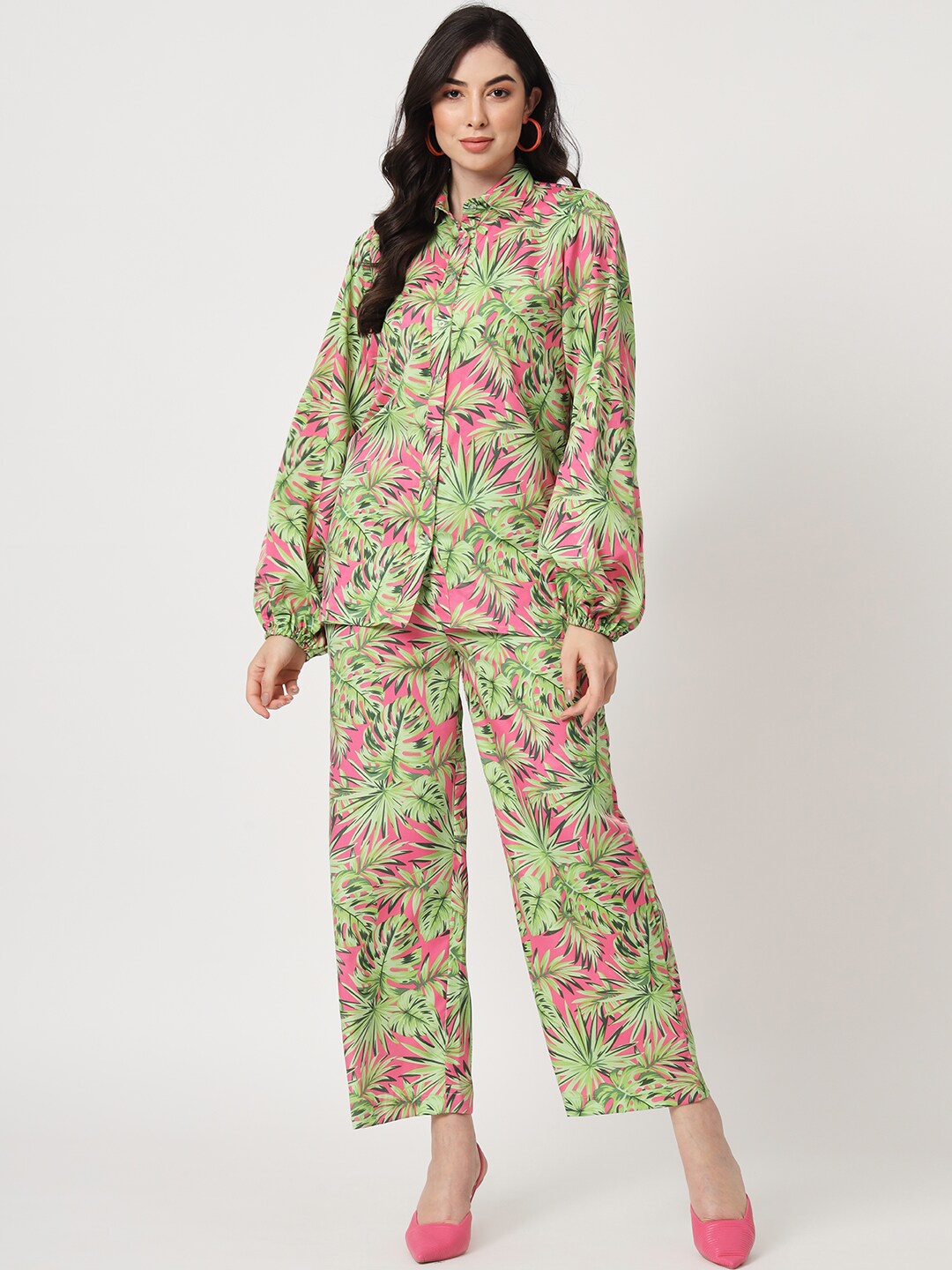 

CUFFS N LASHES Tropical Printed Top With Trouser Co-Ords, Green