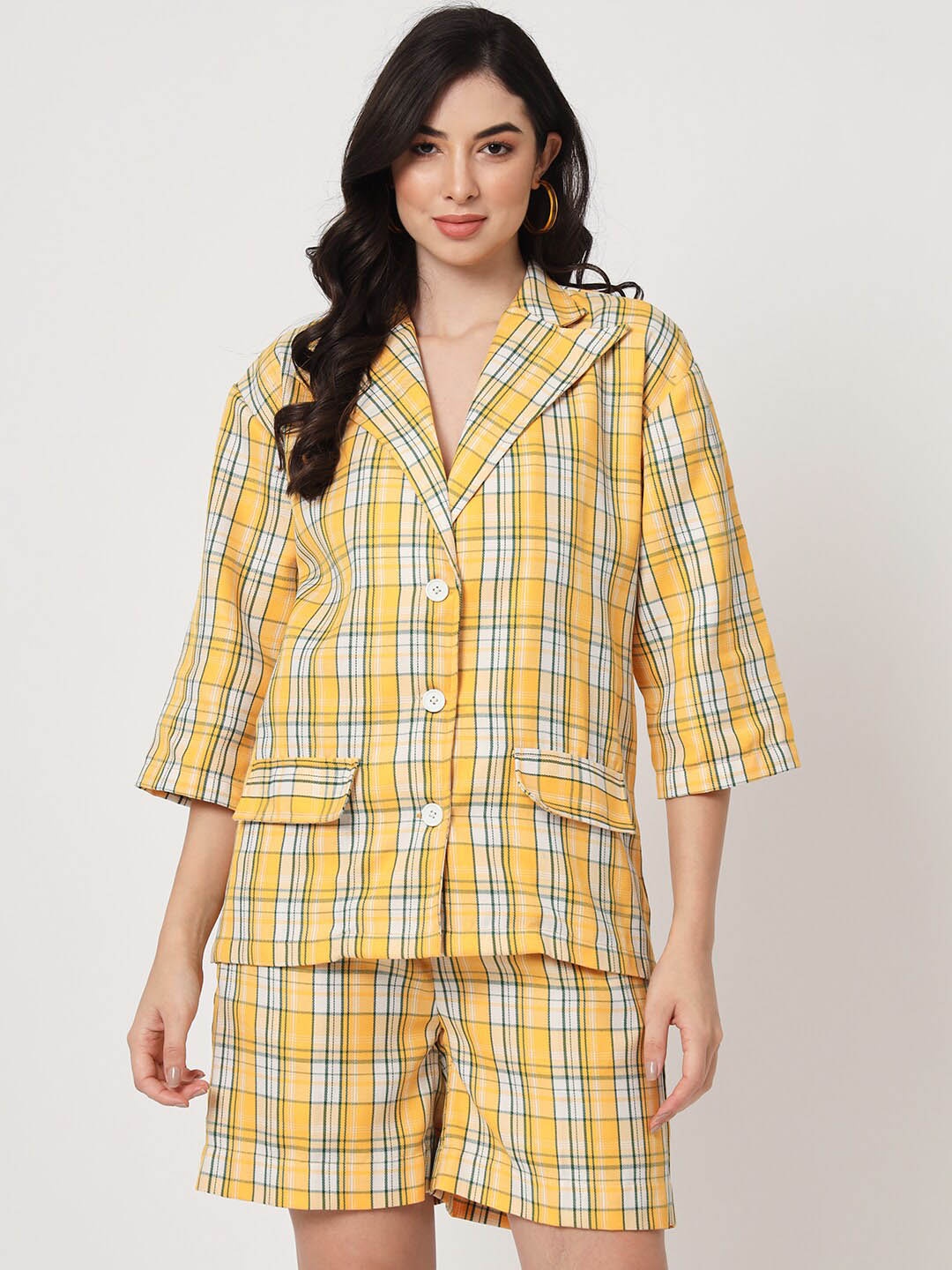 

CUFFS N LASHES Checked Lapel Collar Shirt With Short Co-Ords, Yellow