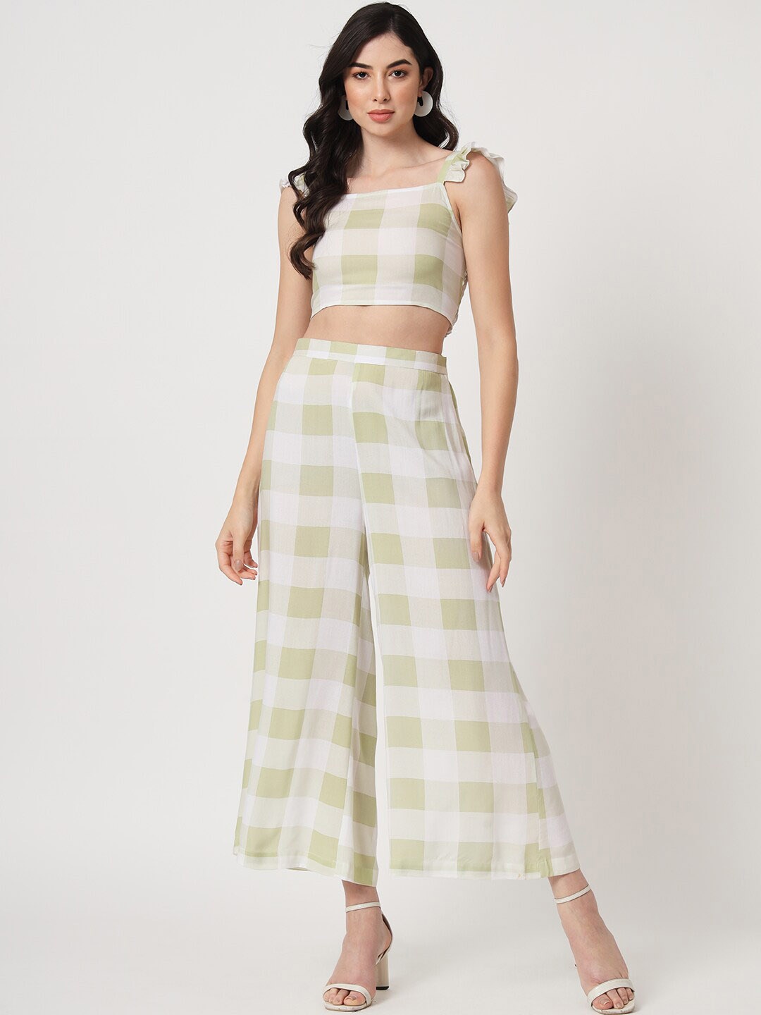 

CUFFS N LASHES Checked Shoulder Straps Crop Top With Palazzo Co-Ords, Green