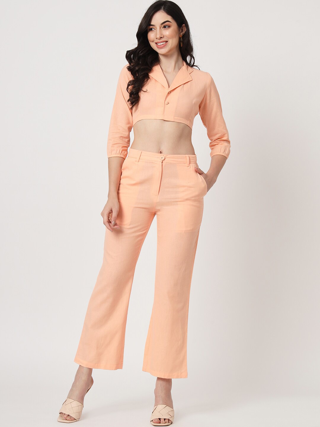 

CUFFS N LASHES Lapel Collar Cotton Top & Trousers Co-Ord, Peach