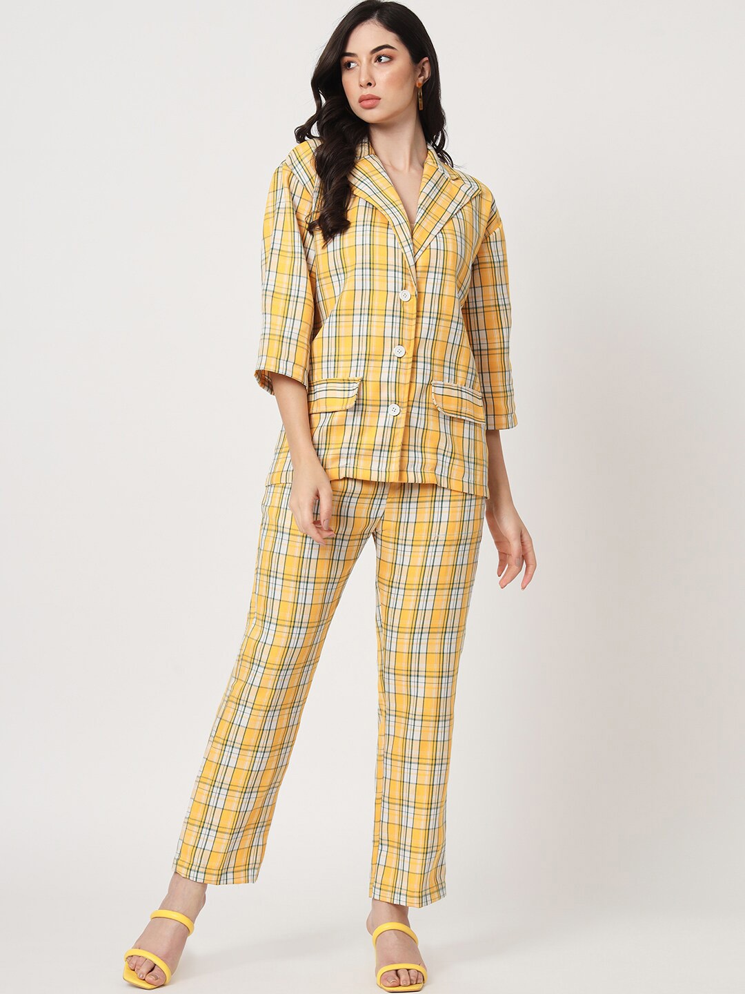 

CUFFS N LASHES Checked Shirt With Trousers, Yellow