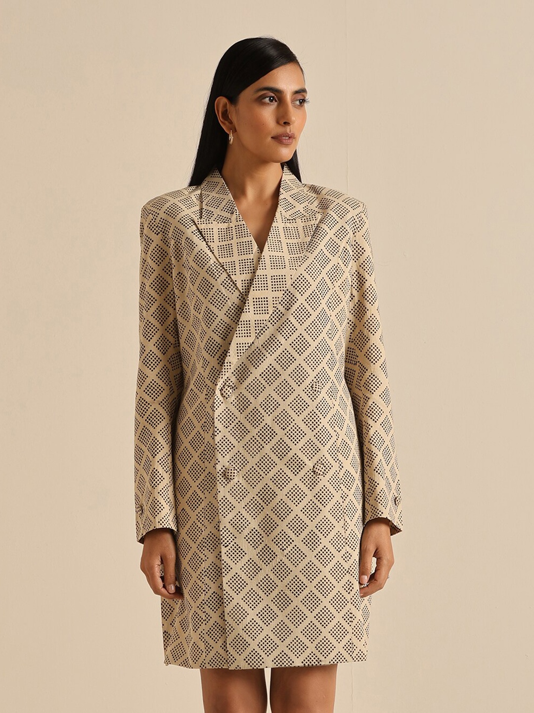 

OKHAI Geometric Printed Lapel Collar Cotton Blazer Dress, Cream