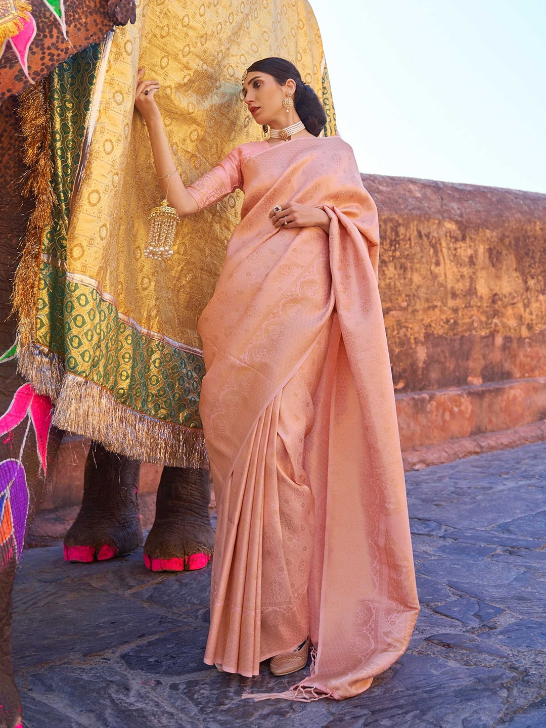 

Mitera Peach-Coloured & Gold-Toned Floral Woven Design Zari Banarasi Saree