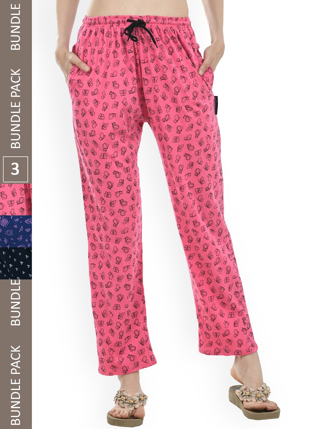 

IndiWeaves Women Pack Of 3 Pure Cotton Printed Straight Lounge Pants, Pink