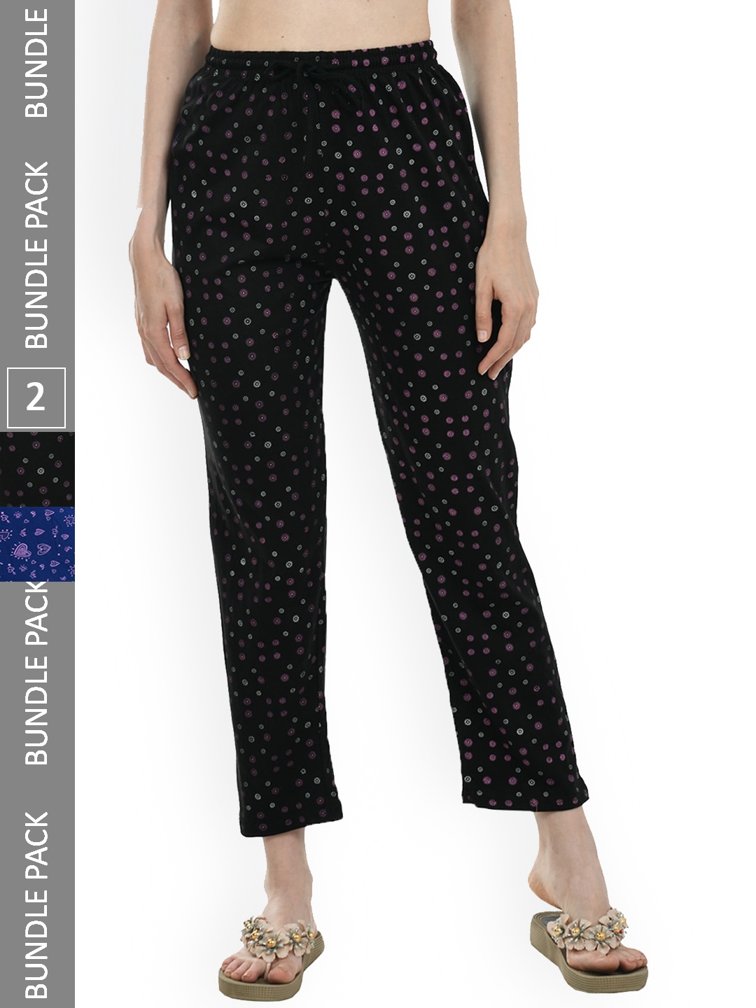 

IndiWeaves Women Pack of 2 Pure Cotton Printed Lounge Pants, Black
