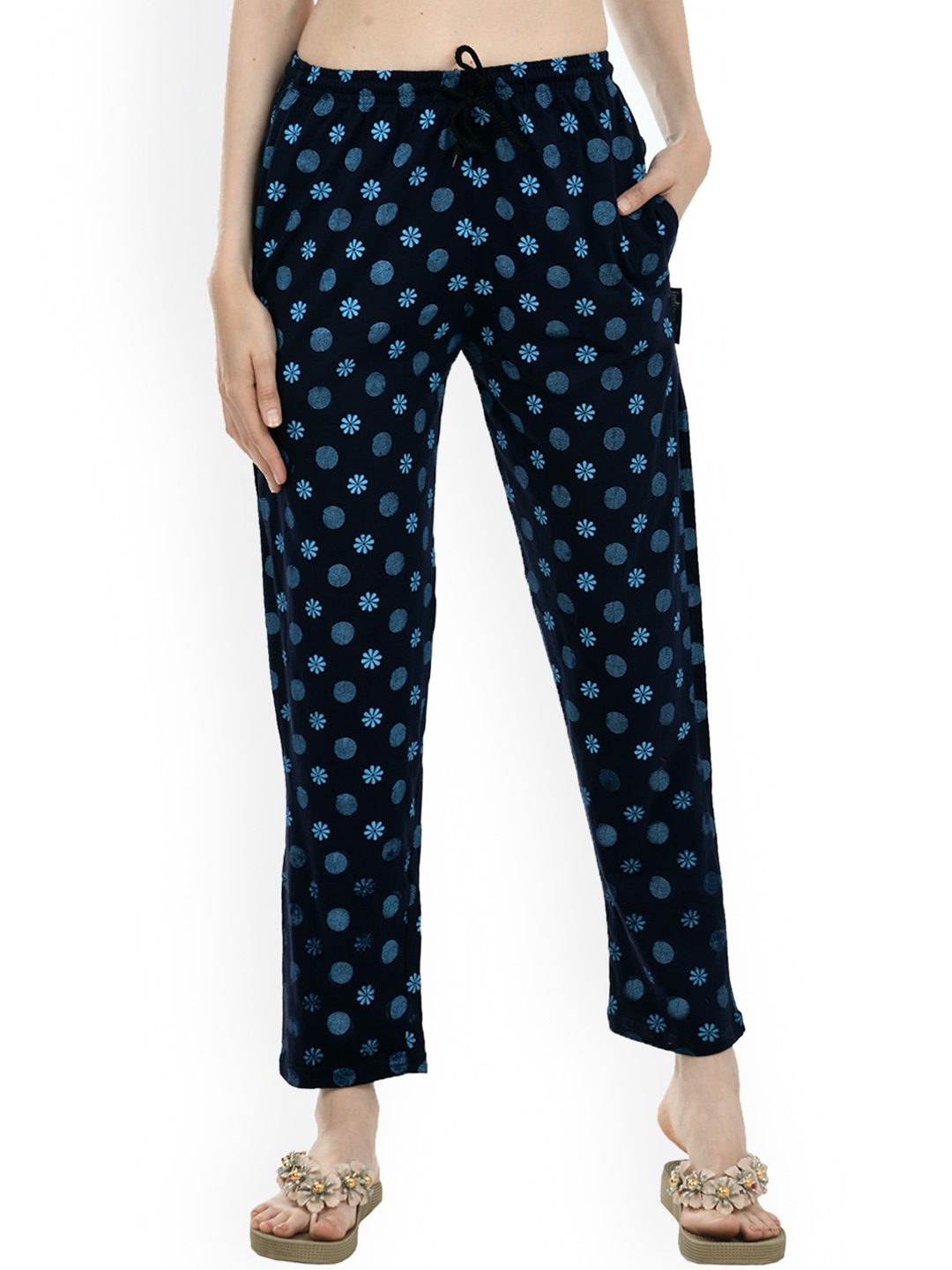 

IndiWeaves Women Pure Cotton Printed Lounge Pants, Navy blue