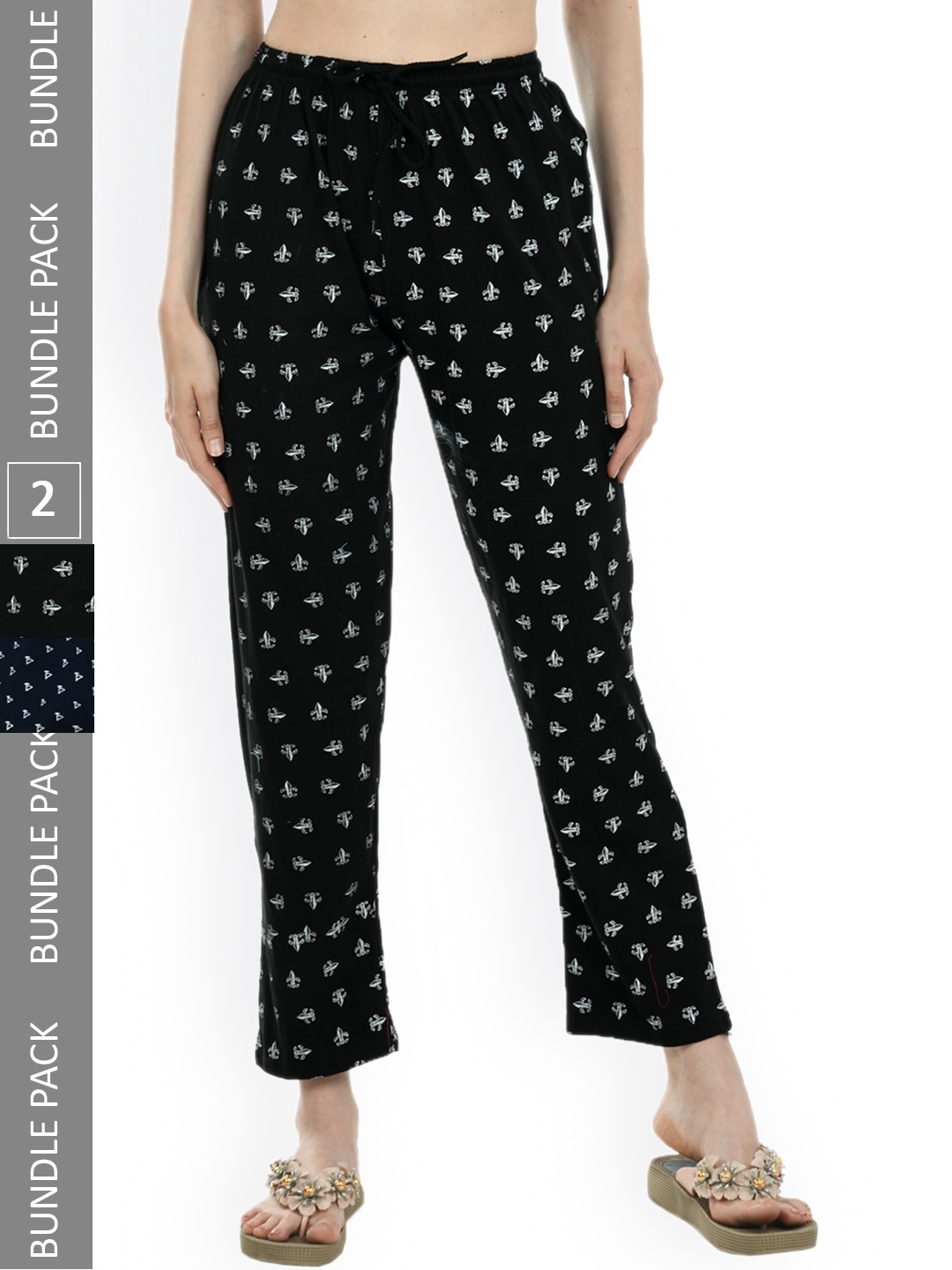 

IndiWeaves Women Pack of 2 Printed Pure Cotton Lounge Pants, Black