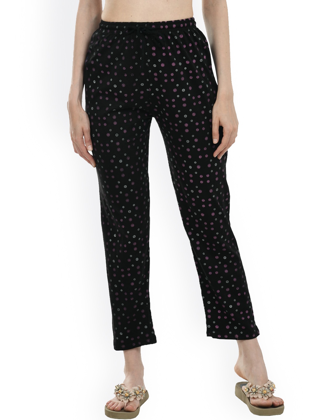 

IndiWeaves Women Pure Cotton Printed Straight Lounge Pants, Black