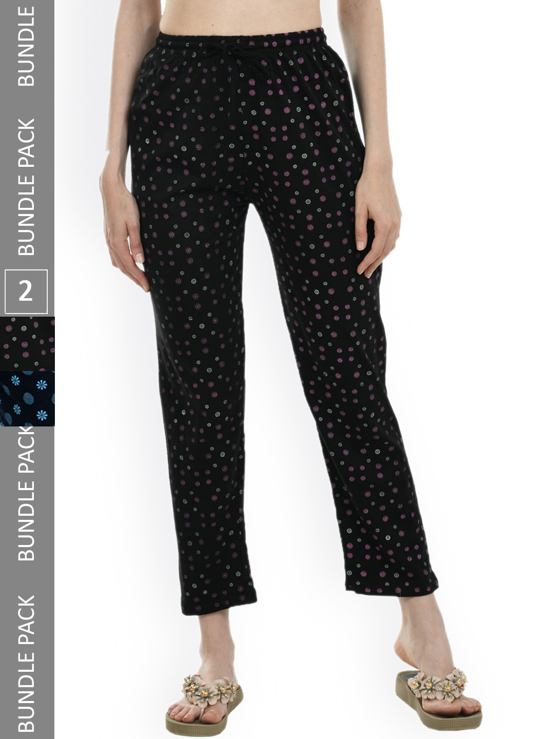 

IndiWeaves Women Pack of 2 Printed Pure Cotton Lounge Pants, Black