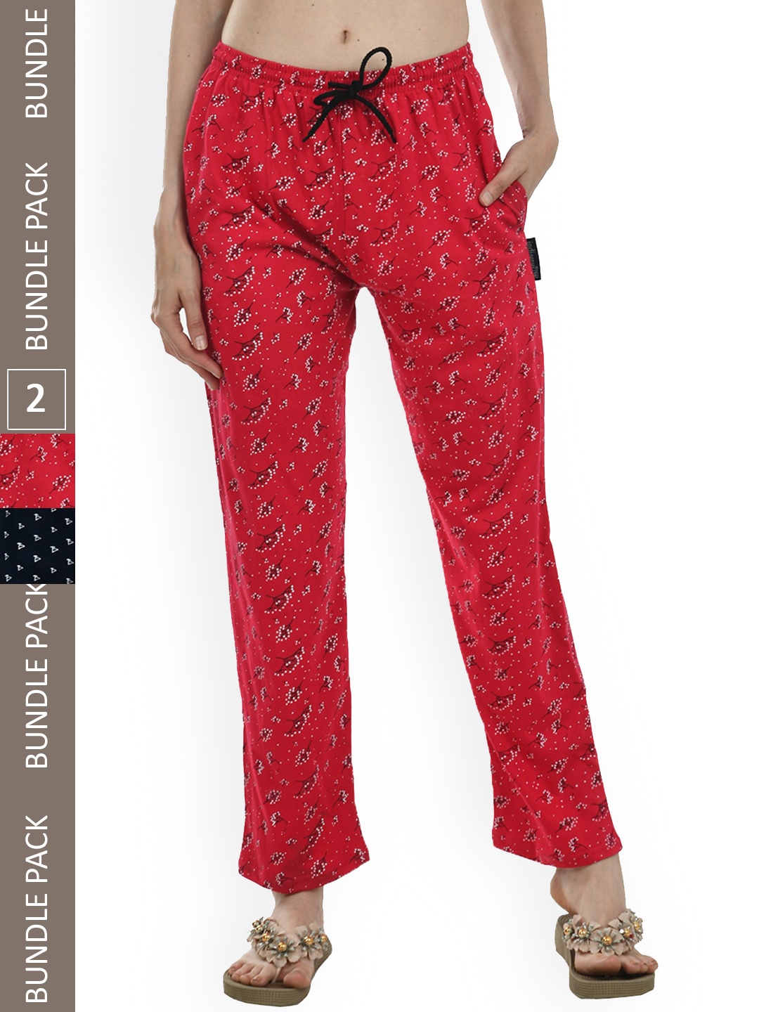 

IndiWeaves Women Pack of 2 Pure Cotton Printed Lounge Pants, Red