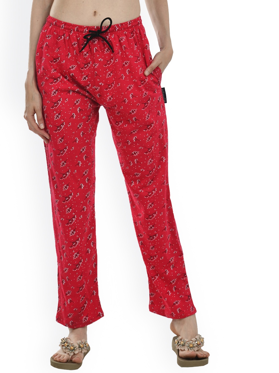 

IndiWeaves Women Pure Cotton Printed Straight Lounge Pants, Red