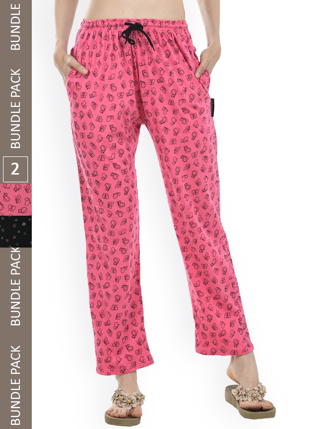 

IndiWeaves Women Pack of 2 Pure Cotton Printed Lounge Pants, Pink