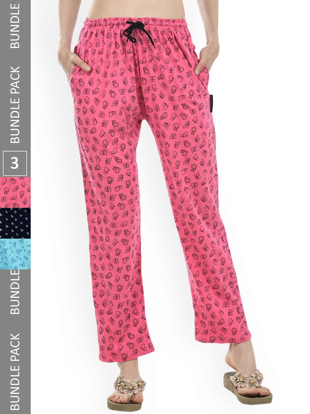 

IndiWeaves Women Pack Of 3 Pure Cotton Printed Straight Lounge Pants, Pink
