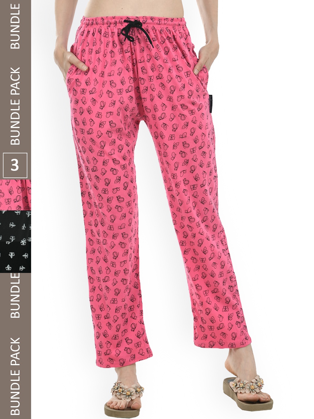 

IndiWeaves Women Pack of 3 Printed Pure Cotton Lounge Pants, Pink