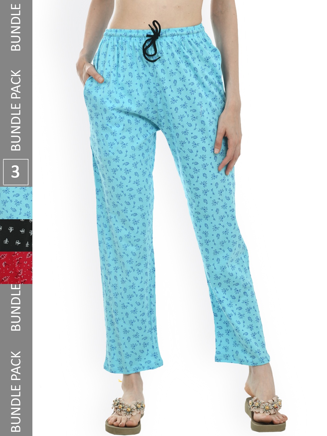 

IndiWeaves Women Pack of 3 Printed Pure Cotton Lounge Pants, Blue