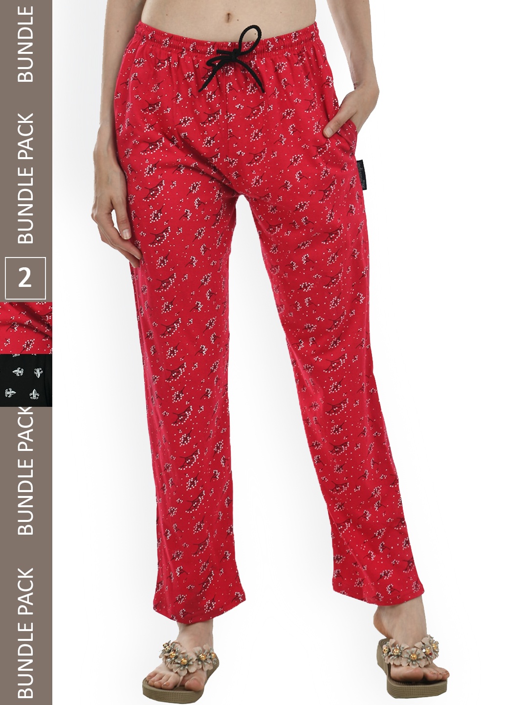 

IndiWeaves Women Pack of 2 Pure Cotton Printed Lounge Pants, Red