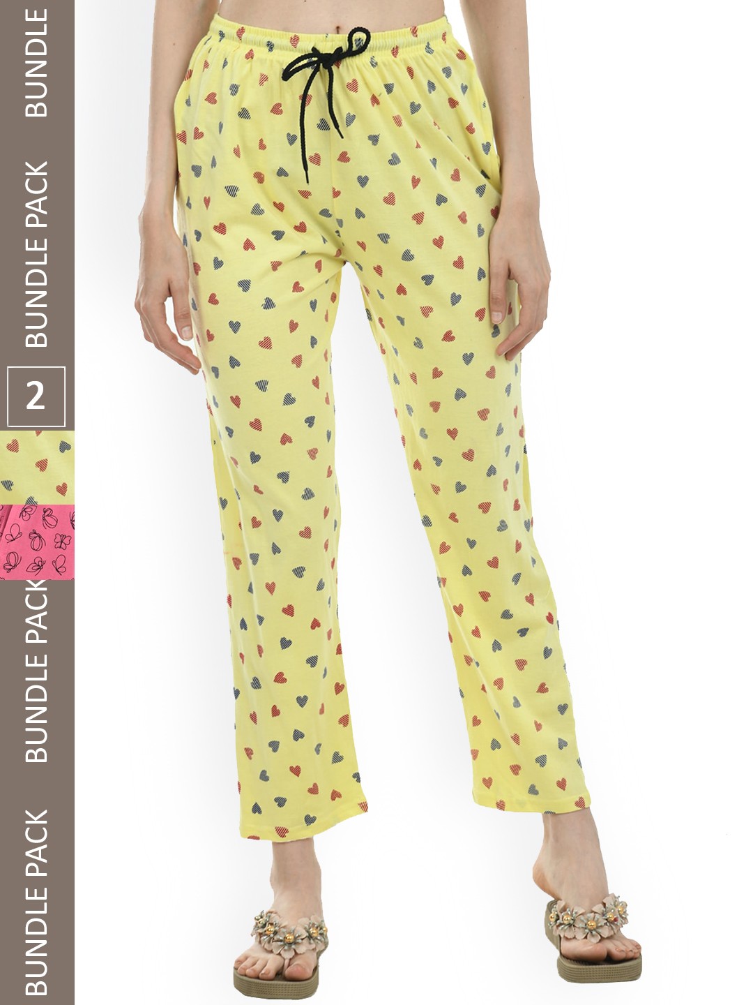 

IndiWeaves Women Pack Of 2 Pure Cotton Printed Straight Lounge Pants, Yellow