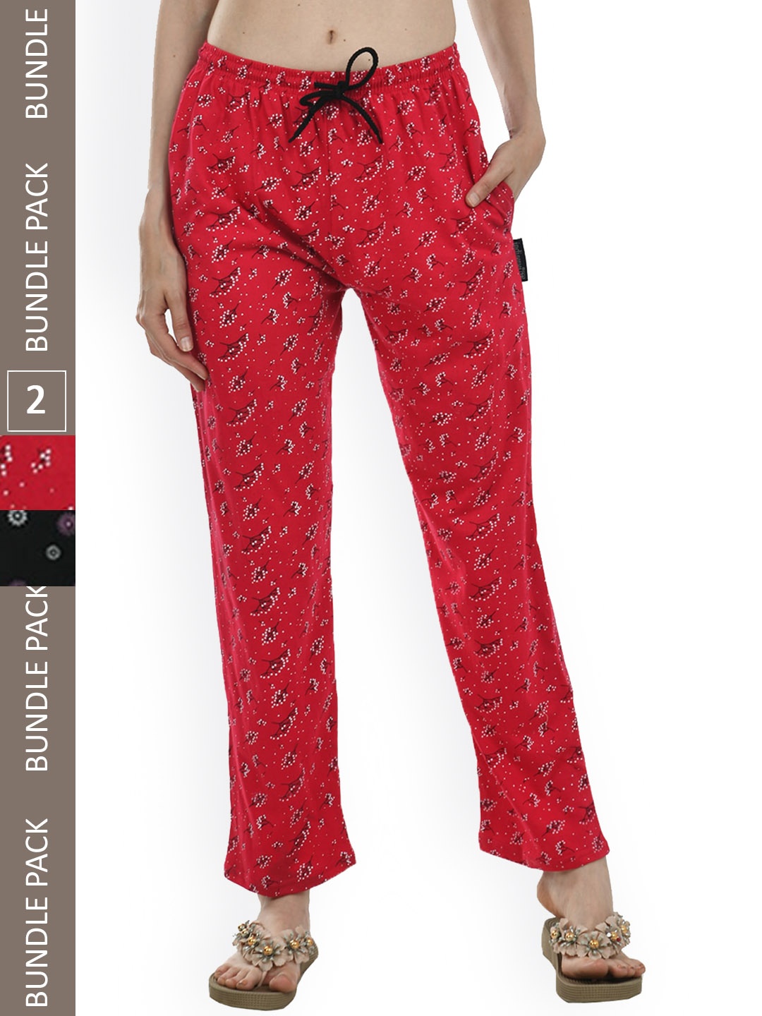 

IndiWeaves Women Pack Of 2 Pure Cotton Printed Straight Lounge Pants, Red