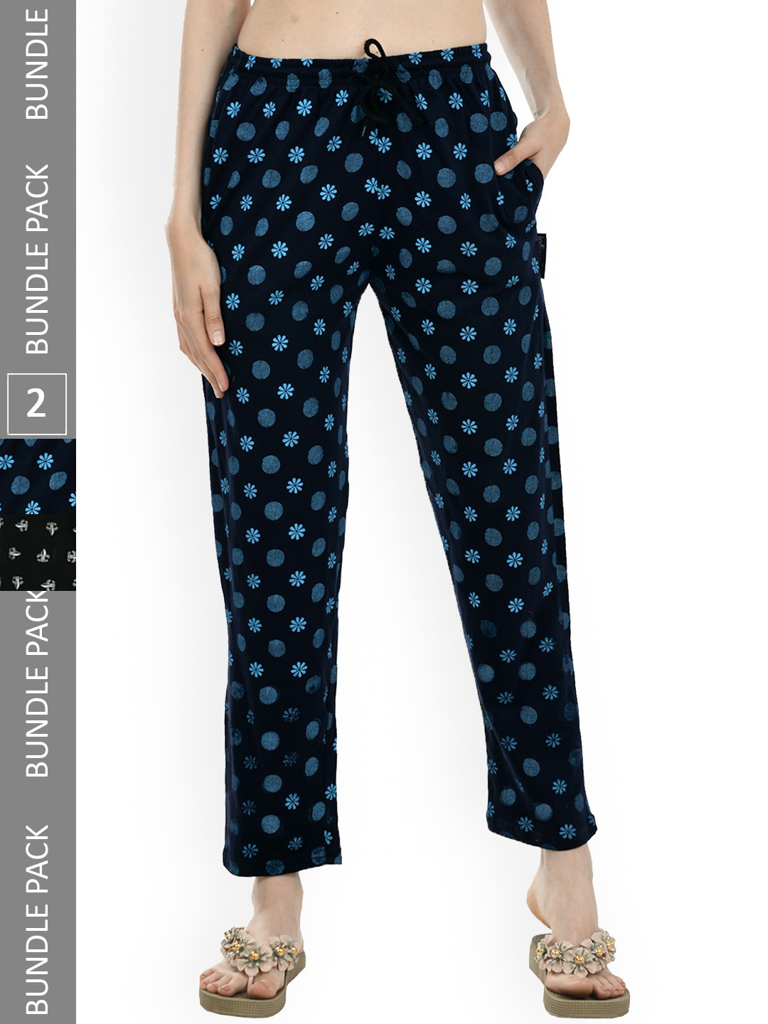 

IndiWeaves Women Pack of 2 Printed Pure Cotton Lounge Pants, Navy blue