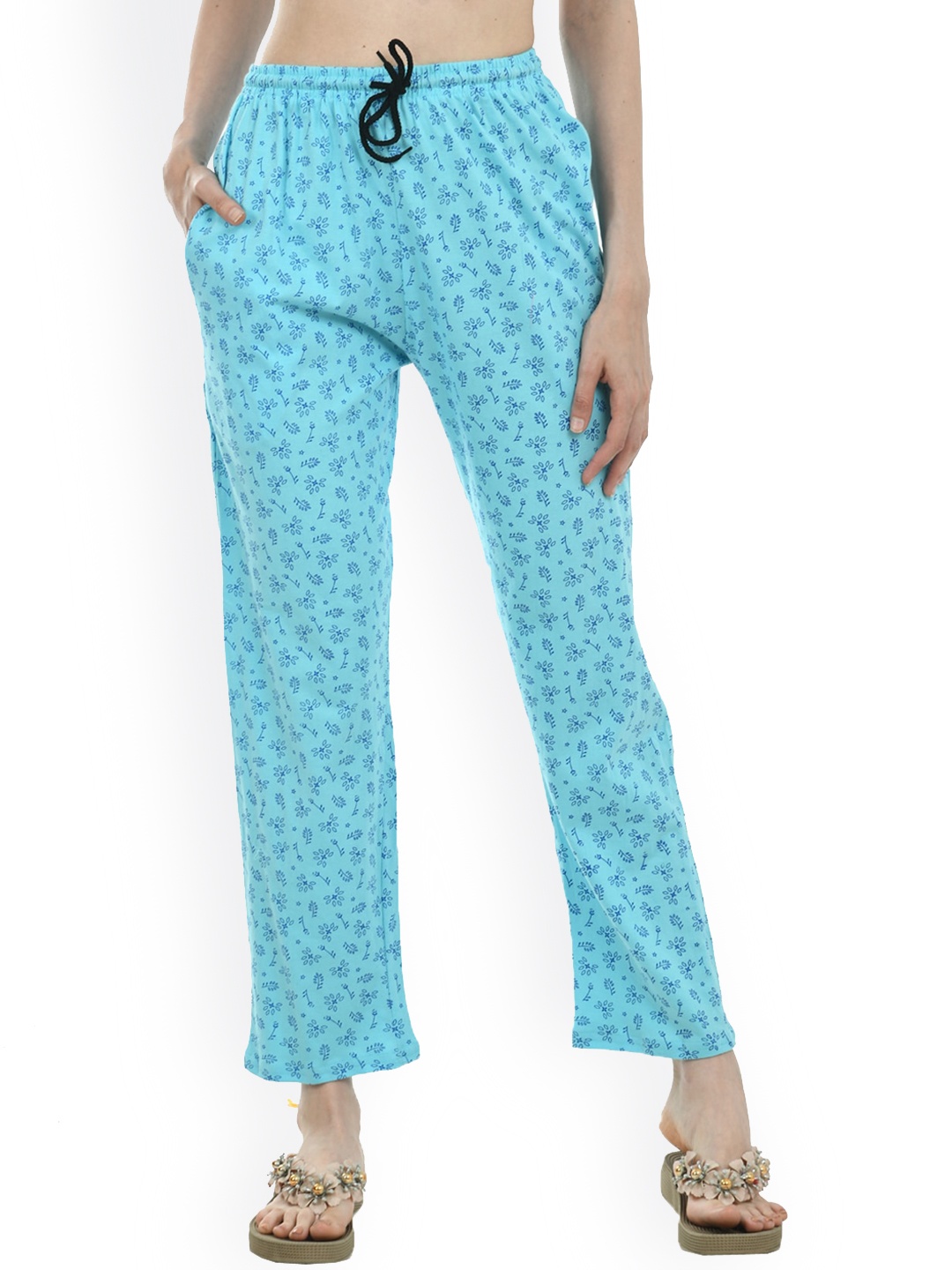 

IndiWeaves Women Pure Cotton Floral Printed Straight Lounge Pants, Blue