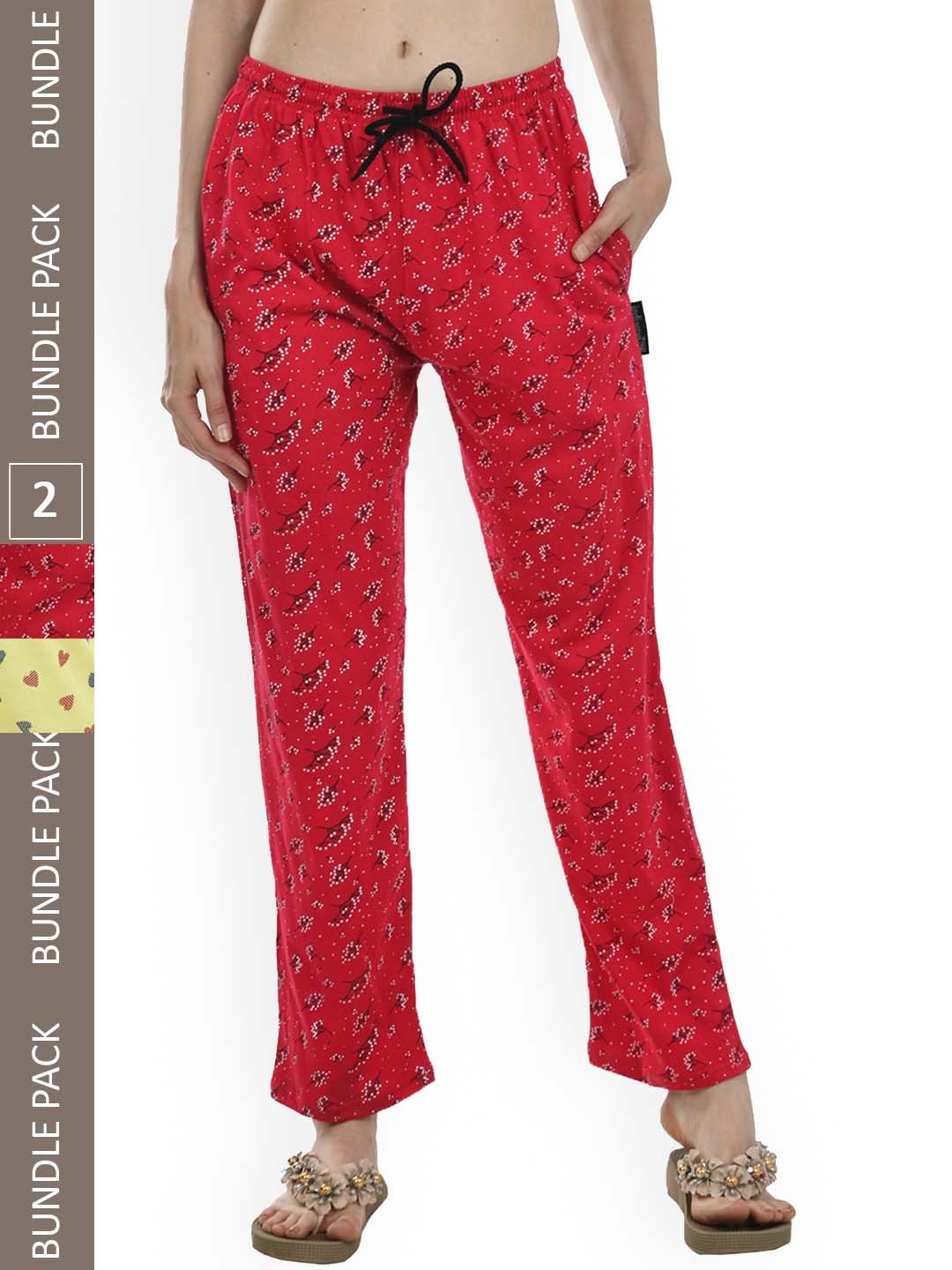 

IndiWeaves Women Pack Of 2 Pure Cotton Printed Straight Lounge Pants, Red