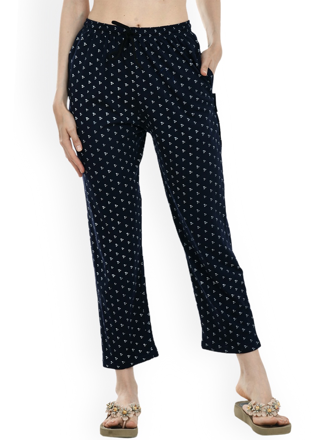 

IndiWeaves Women Printed Pure Cotton Lounge Pants, Navy blue