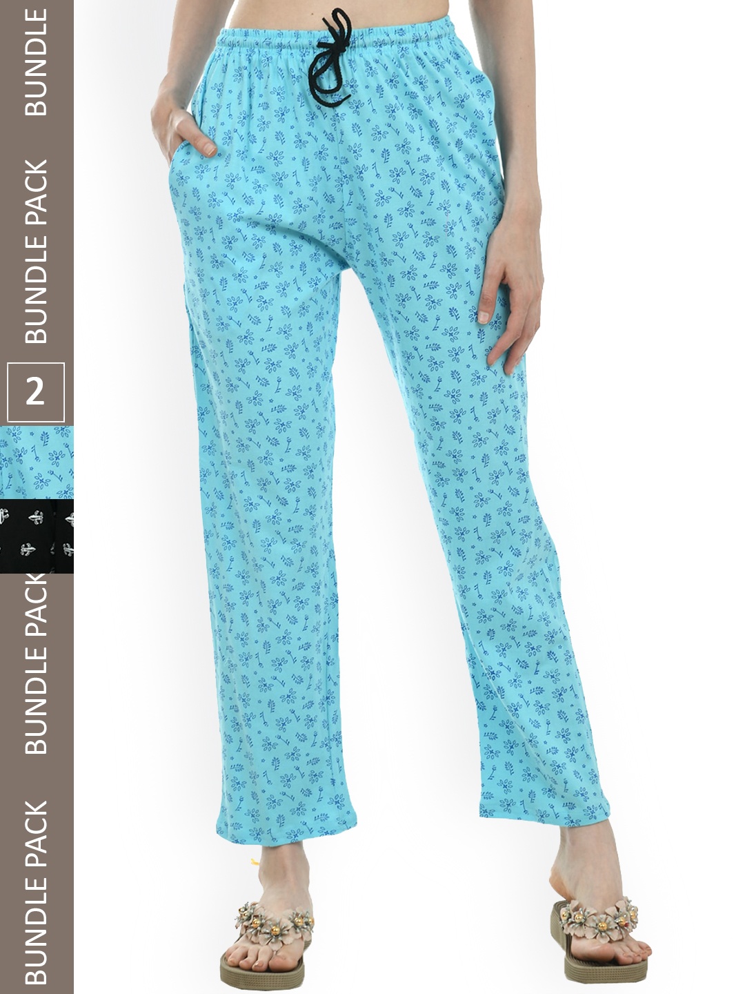 

IndiWeaves Women Pack of 2 Printed Pure Cotton Lounge Pants, Blue