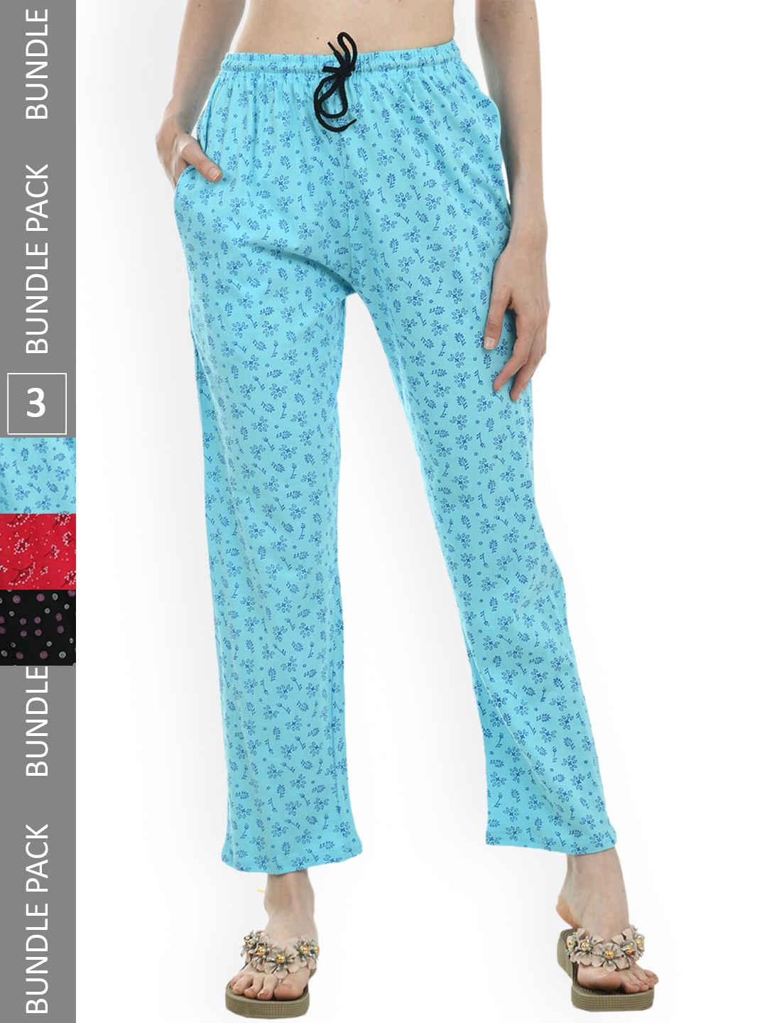 

IndiWeaves Women Pack Of 3 Printed Mid-Rise Pure Cotton Lounge Pants, Blue
