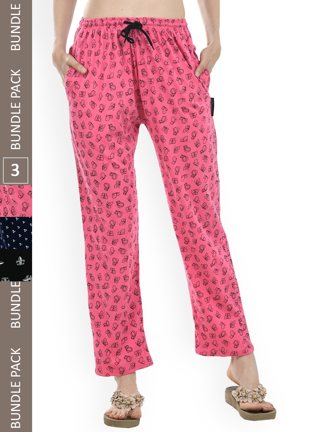 

IndiWeaves Women Pack of 3 Pure Cotton Printed Lounge Pants, Pink