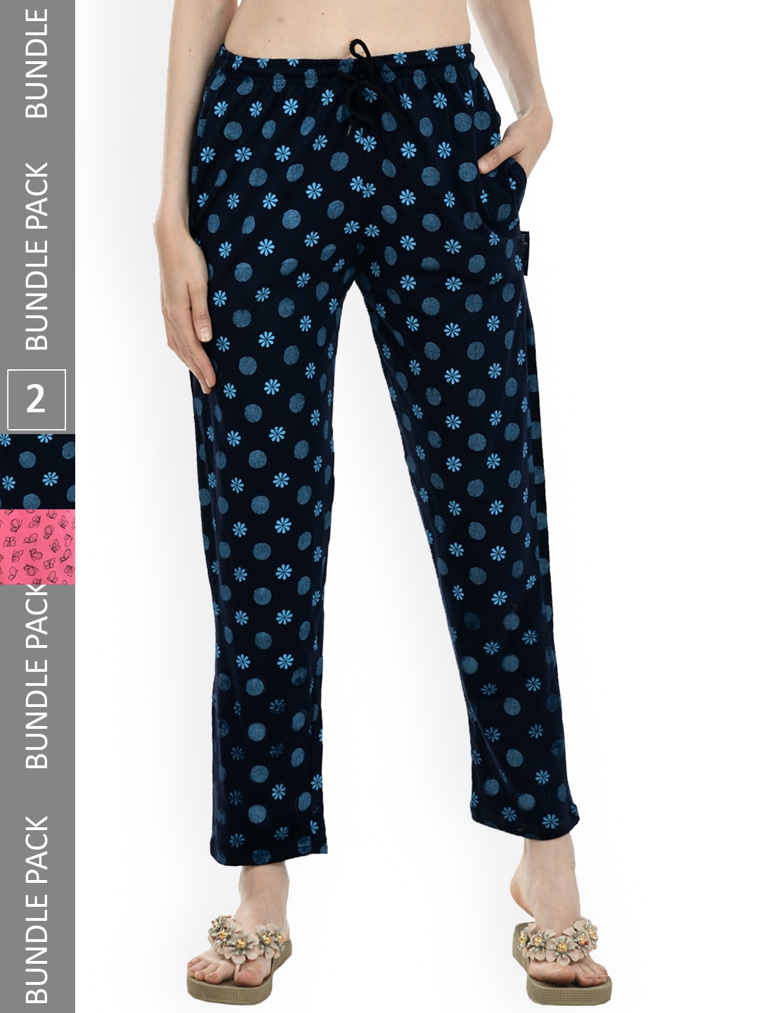 

IndiWeaves Women Pack Of 2 Pure Cotton Printed Straight Lounge Pants, Navy blue