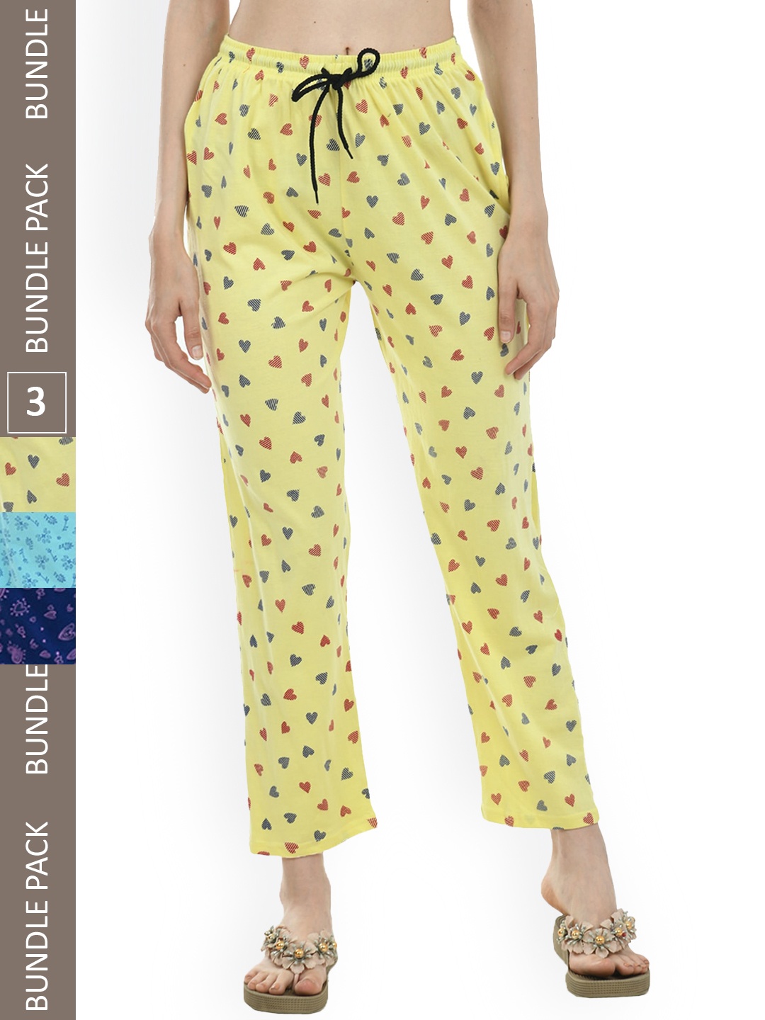 

IndiWeaves Women Pack Of 3 Pure Cotton Printed Straight Lounge Pants, Yellow
