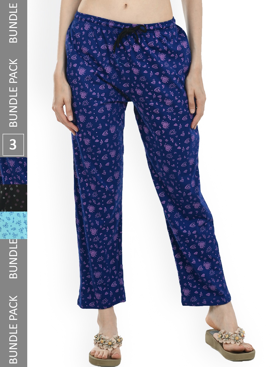 

IndiWeaves Women Pack Of 3 Printed Mid-Rise Pure Cotton Lounge Pants, Blue