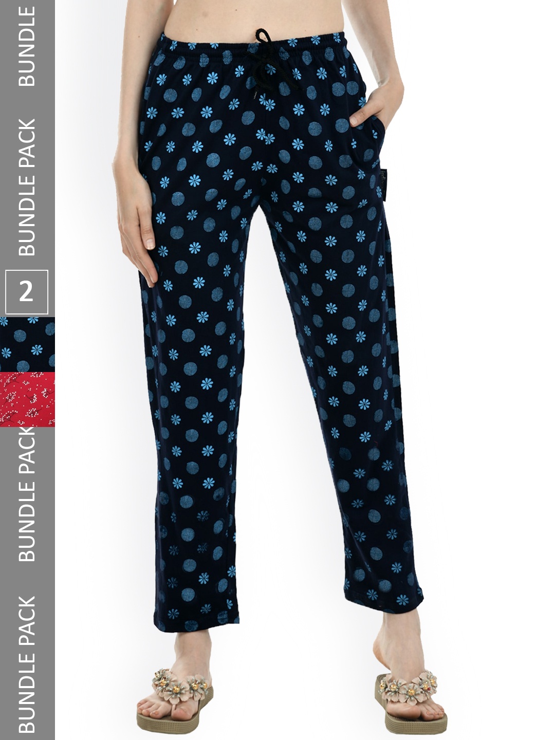 

IndiWeaves Women Pack Of 2 Printed Mid-Rise Pure Cotton Lounge Pants, Navy blue