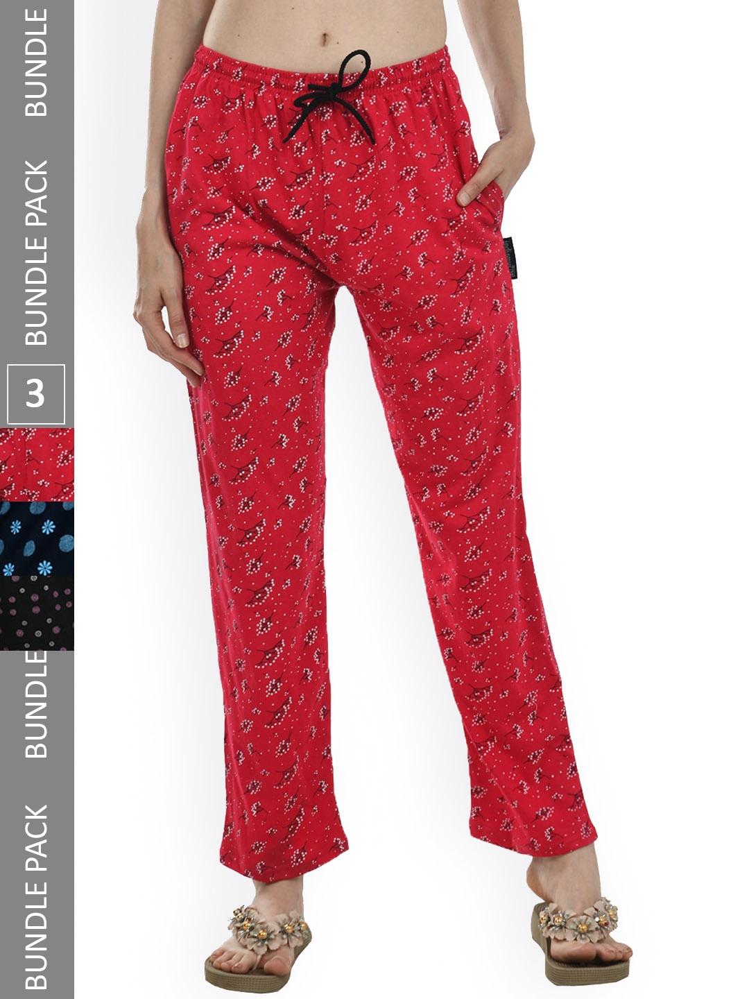 

IndiWeaves Women Pack of 3 Pure Cotton Printed Lounge Pants, Red